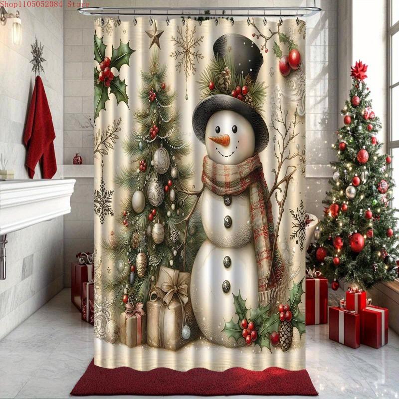 jit1pc vintage christmas snowman shower curtain christmas - With Hooks Waterproof Mildew Proof Easy Install Washable