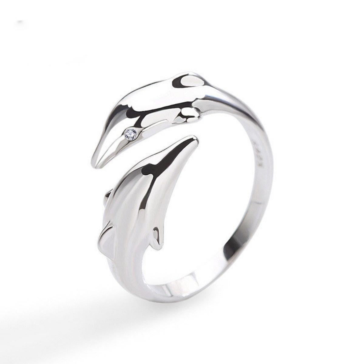 

Minimalist Double Dolphin Finger Rings For Women Men Exquisite Zircon Sea Animal Fish Opening Ring Wedding Party Jewelry