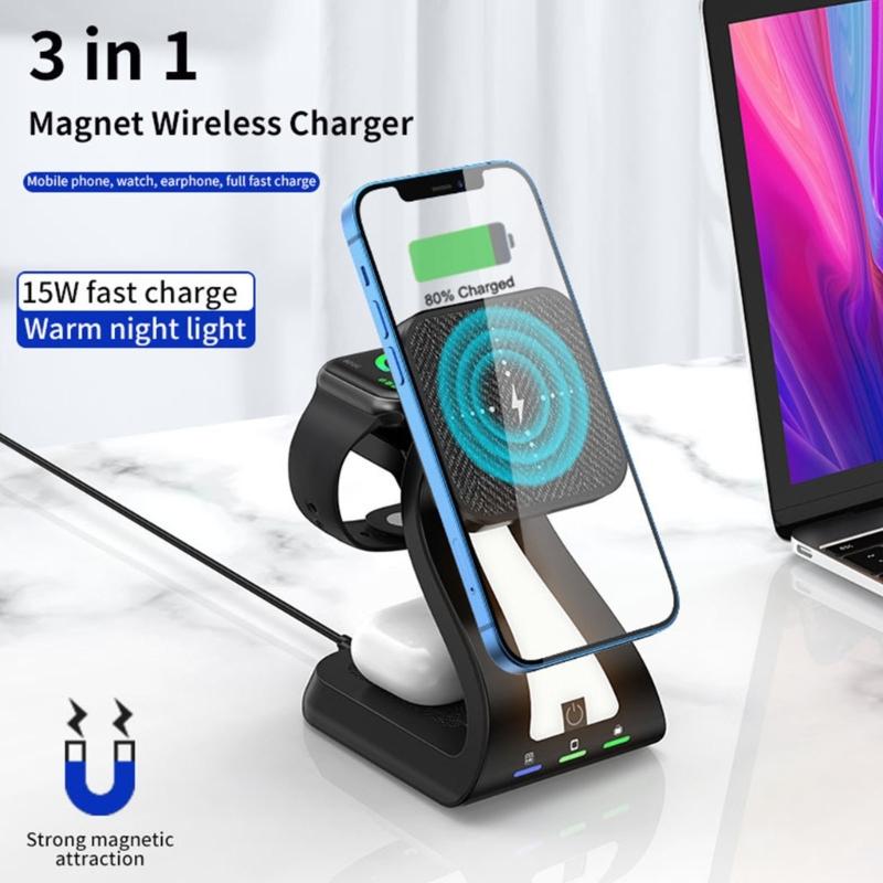 Magnetic Wireless Charging Station ABS Texture Suitable for Phone Watch Earphone Fast 15W Charging Built In Night Light