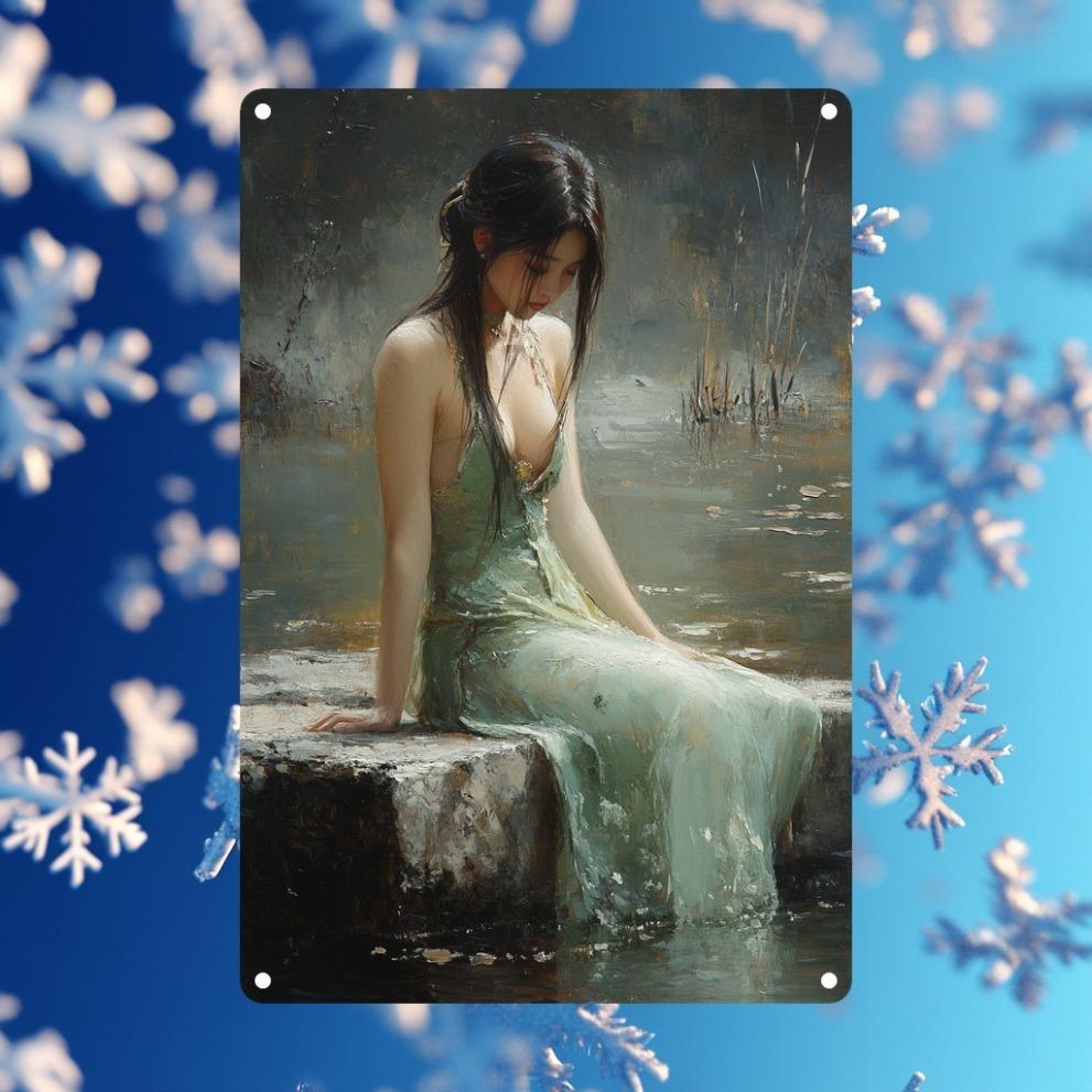

1pc Elegant Asian Woman Lakeside Metal Lead Panel Sign, Aluminum Wall Art Mural, Oil Painting Style, Home Decor Wall Hanging 20x30cm（7.8x11.8inch）