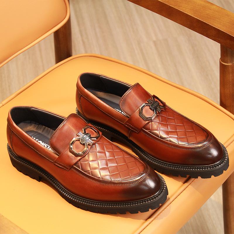 Spring new first-layer cowhide leather shoes men's leather thick-soled horse buckle British style loafers men's one-pedal