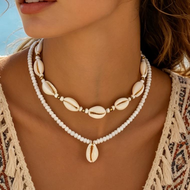 European and American beach style jewelry stacked rice bead shell necklace anklet retro personalized rice bead jewelry set