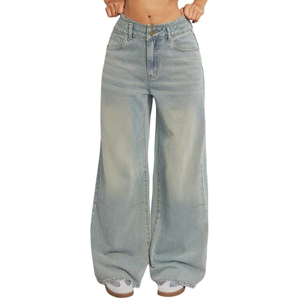 Women's High Waist Distressed Button Design Vintage Jeans Women's Loose Straight Wide Pants