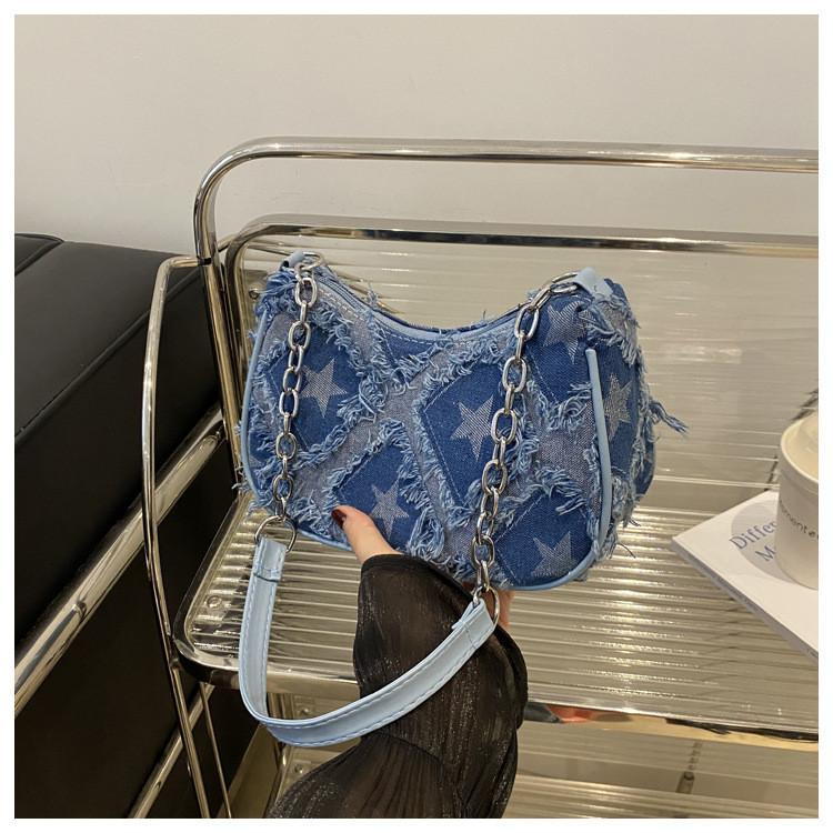 Street Style Star Pattern Denim Chain Crossbody Bag With Zipper Closure For Daily Use