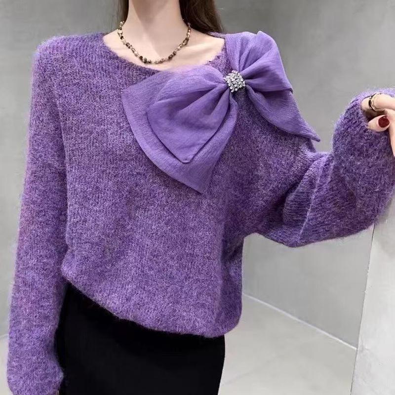 Elegant Bow Knit Sweater - Women's Fashionable Autumn/Winter Base Layer Knitwear