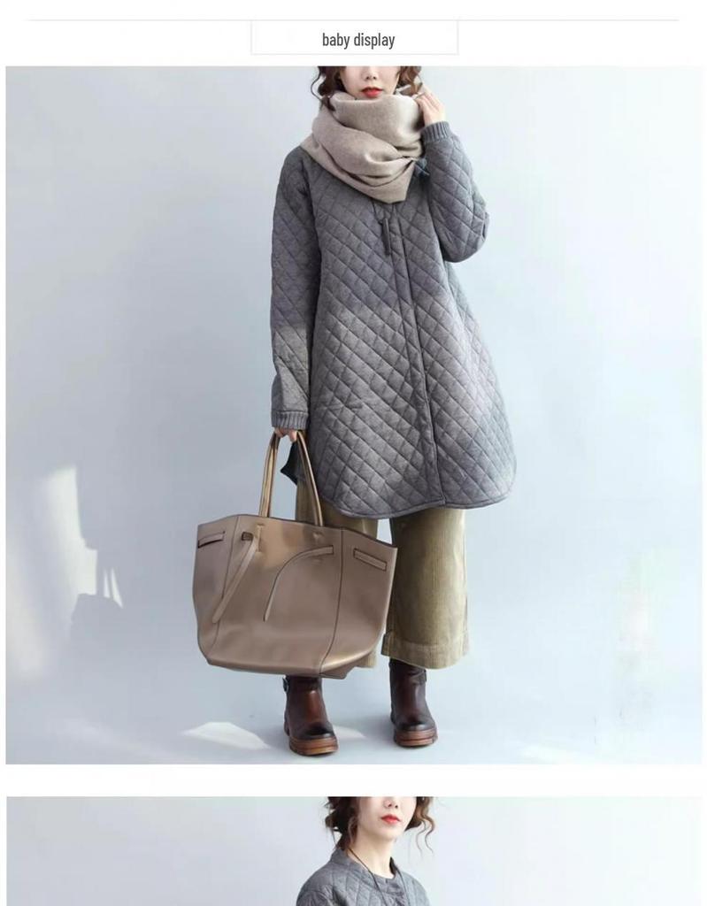 Diamond Quilted Chinese Style Women's Mid-Length Cotton Jacket - Retro, Simple, and Versatile