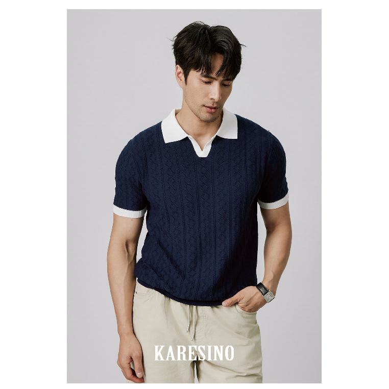 

Летняя дышащая мужская рубашка поло в итальянском стиле, с цветными блоками, для зрелых и модных мужчин, с V-образным вырезом, эластичной жаккардовой текстурой, приталенного кроя, с коротким рукавом, вязаная 3XL темно-синий