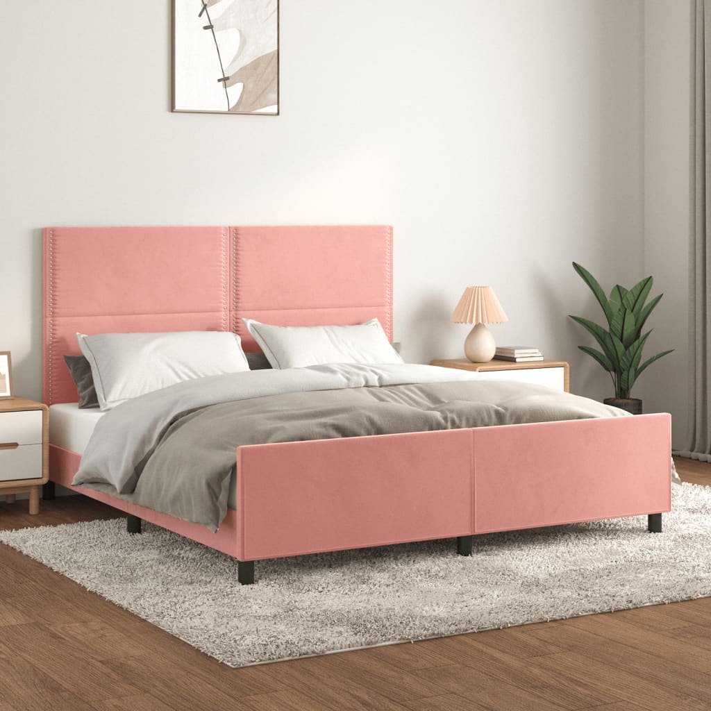 Pink Velvet Bed Frame with Adjustable Headboard 160 x 200 cm