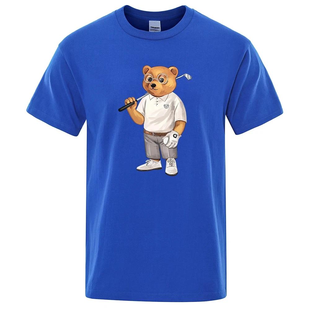 Gentleman Teddy Bear Playing Golf Men T Shirts Summer Cotton Sweat T-Shirts Breathable Loose Clothes Hip Hop Street Short Sleeve