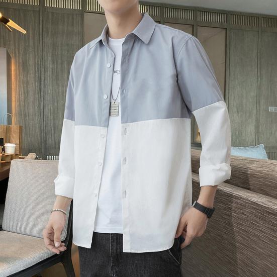 Spring Fall Men Shirt Turn-down Collar Printed Colorblock Button-down Cardigan Loose Streetwear Young Cargo Style Shirt Coat