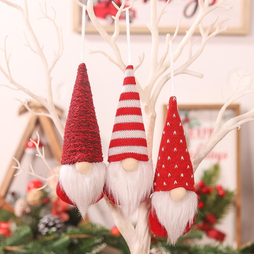 Hanging Christmas Tree Ornaments Set of 3 Mini Scandinavian Gnomes with Felt Bodies and Knitted Hats for Festive Decoration