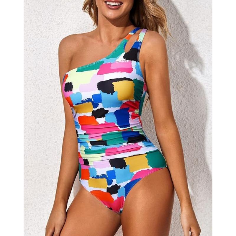 New Solid Color Splicing Tight Body Halter Pleated Shoulder Sexy One-piece Swimsuit Women