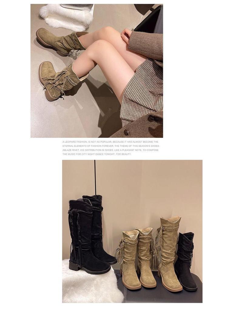 Women's Retro Post-Apocalyptic Western Tassel Boots – 2025 Autumn/Winter Long Slouchy Mid-Calf Style