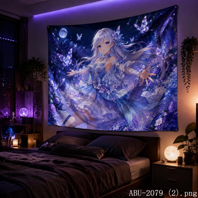 Moon Galaxy Anime Girl Aesthetic Tapestry Colorful Cosmic Fantasy Wall Hanging Teen Dorm Bedroom Otaku Home Decor