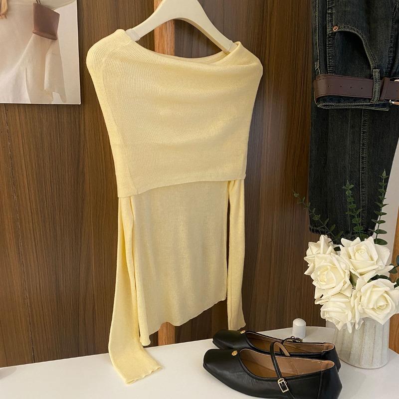 Temperament de primăvară Femei Decolteu oblic Cămăși sexy Elegante Mânecă lungă Umeri goi Bluze tricotate Femei Casual Stradă Solidă Modă Croială slim Topuri 25998