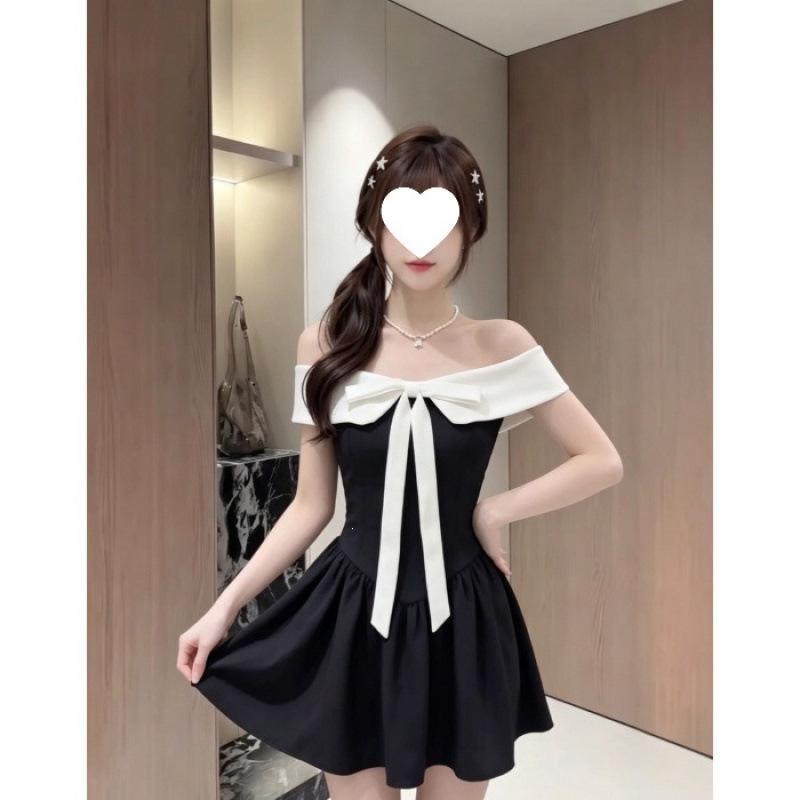 Summer new one-word shoulder bow dress women's black and white contrasting colors waist thin sweet and spicy style pure desire short skirt
