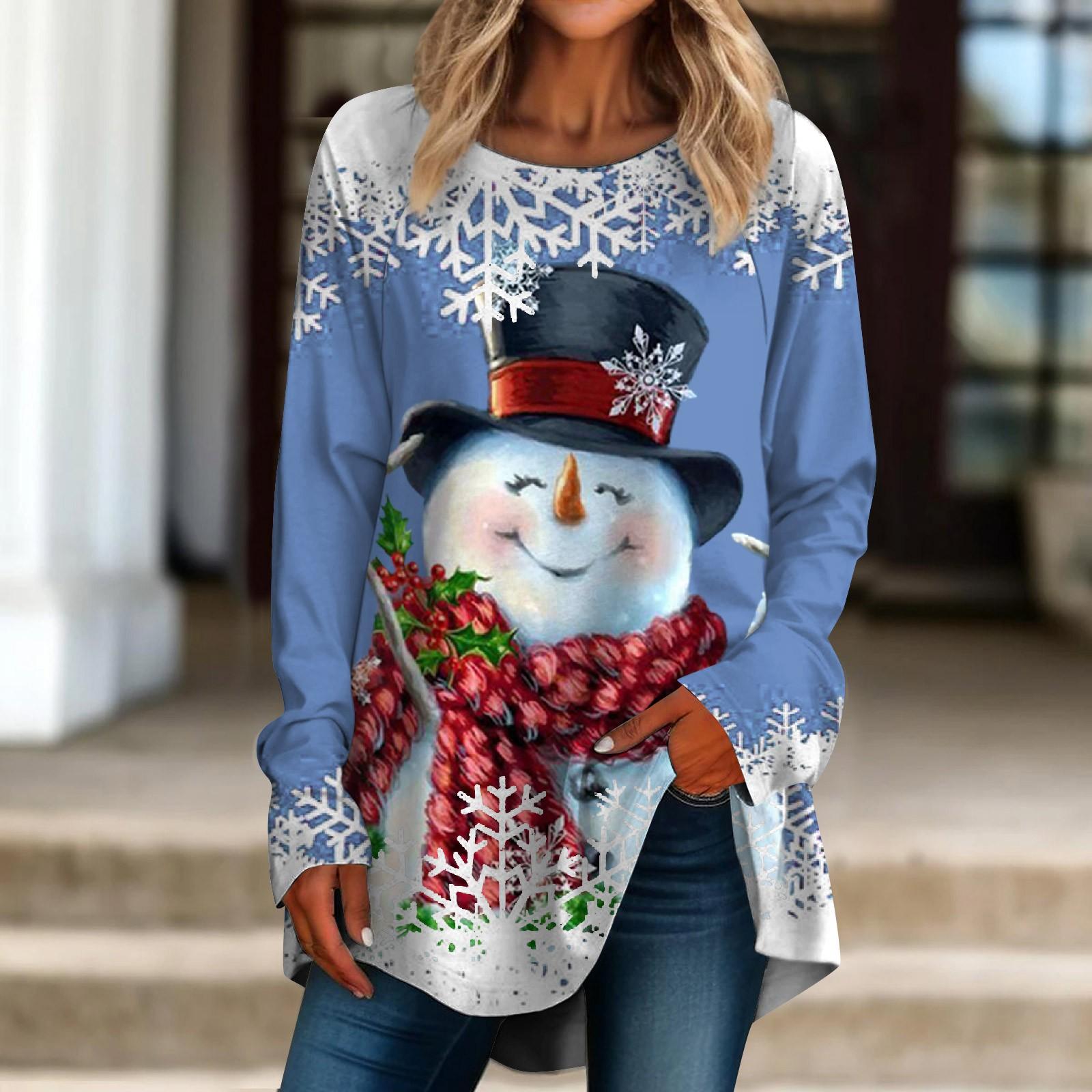Women s Casual  Plus SizeLong Sleeved Round Neck Christmas Printing T-shirt Top Pullover XXXL синий