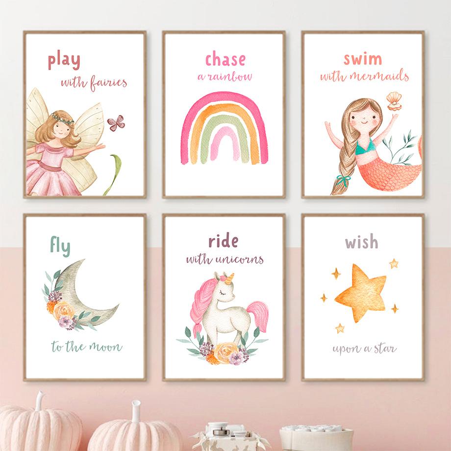 

Русалка Фея Единорог Луна Радуга Звезды Цветок Настенная Картина на Холсте Скандинавский Плакат Принт Фотографии Для Девочки Декор Детской Комнаты