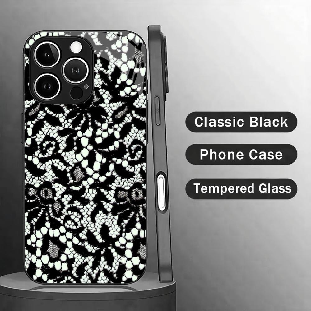 Black & White Floral Lace Glass phone case mobile phones for iphone 17 pro max cover for iPhone 17 16 15 14 13 12 11pm Pro Plus