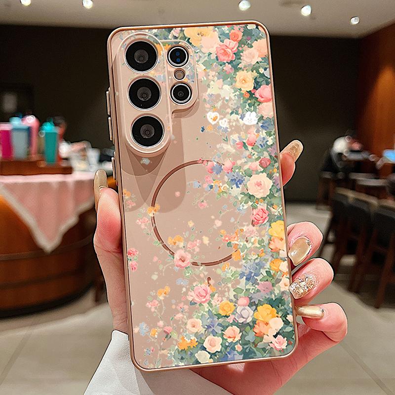 Magnetic For Magsafe Case For Samsung Galaxy S26 Ultra S25 Edge S24 Plus S23 FE S22 A54 A55 A56 5G Flower Garden Pattern Matte Cover
