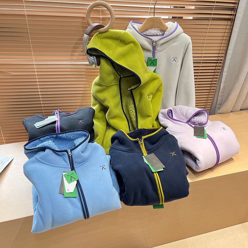 New Autumn and Winter Outdoor Windproof and Warm Lamb Wool Jacket for Women, Thick Double-Sided Fleece Color-Block Hooded Fleece Sweatshirt