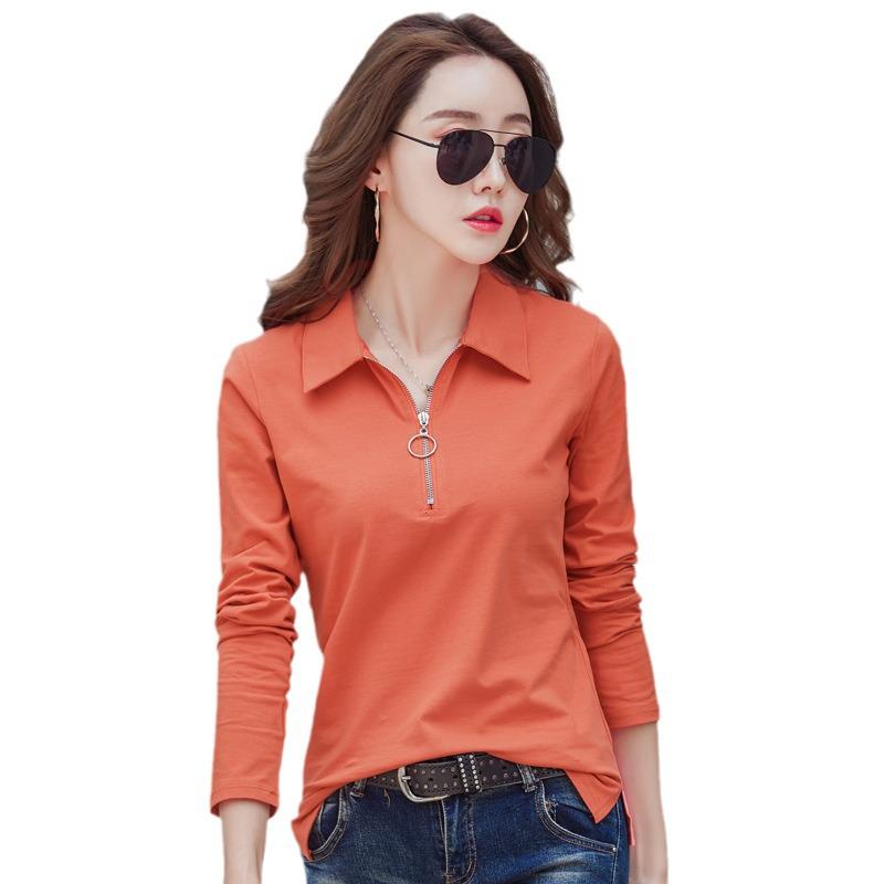 Women's Korean Style Long Sleeve Polo Shirt - 95% Cotton, Turn-Down Collar, Slim Fit, Professional Base Layer Top