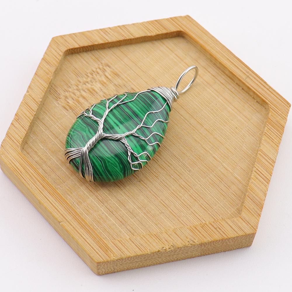 Natural Stone Agate Water Drop Tree of Life Pendant Necklace