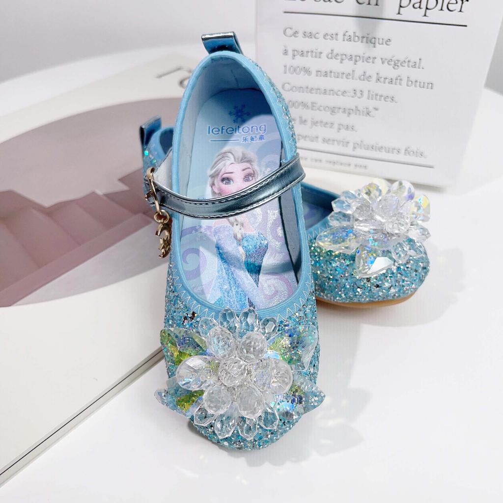 Girls' Princess Shoes Blue Elsa Crystal Shoes New Spring and Autumn Model for Young Children, Flat Single Shoes for Girls, Soft Sole Shoes