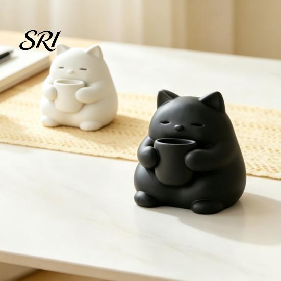 Cat Decor Mini Cute Figurine 3D Printed Drinking Tea Statue Healing Ornament Small Desktop for Living Room Bedroom Office Shelf Black And White