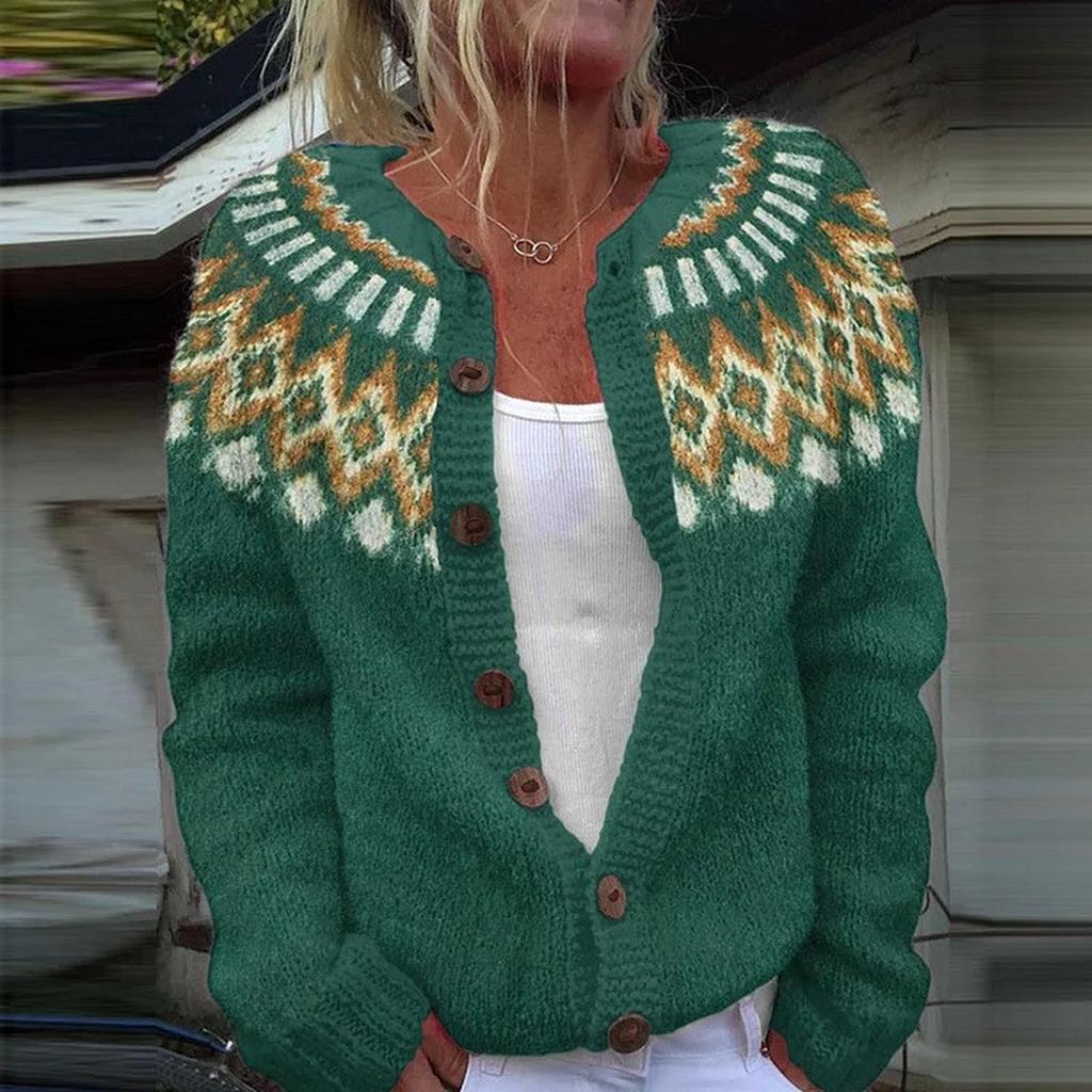 Fair Isle Strickjacken für Damen Rundhalsweite Locker Geschnitten Knopfleiste Grobstrickpullover Offen Vorne Lässige Herbst Strickjacke