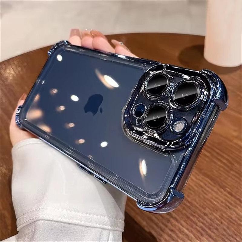 Luxury Plating Airbag Soft Silicone Case for iPhone 16 Pro Max 11 12 13 14 15 Pro Xs Max X Xr 16 Plus Glass Lens Protector Cover