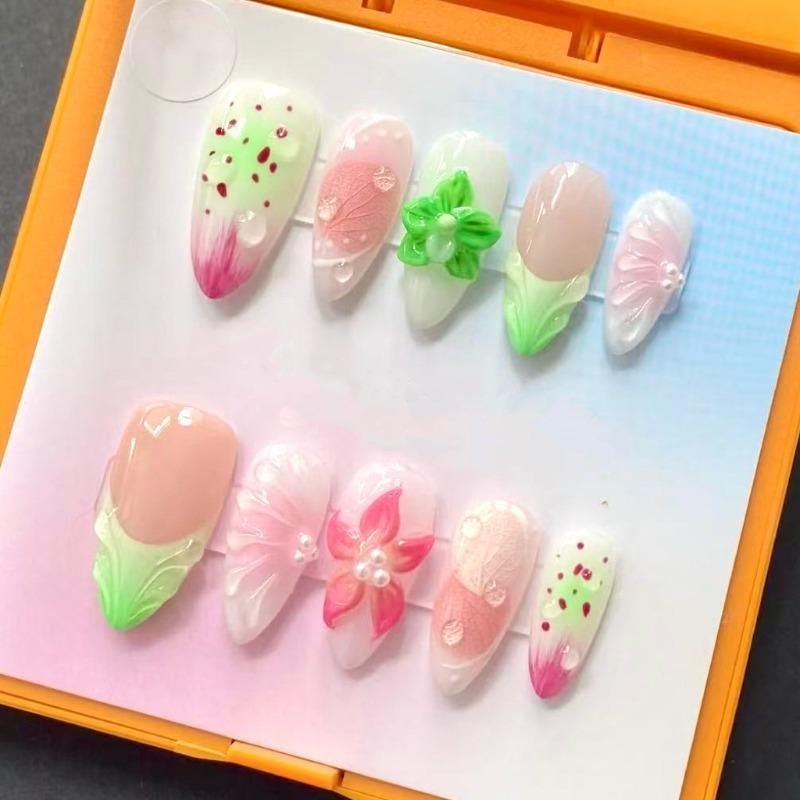 24PCS Green French False Nails Spring Summer Pink 3D Flower Shell Almond Press on Nails Art Fresh Ins Nail Tips Acrylic Wearable