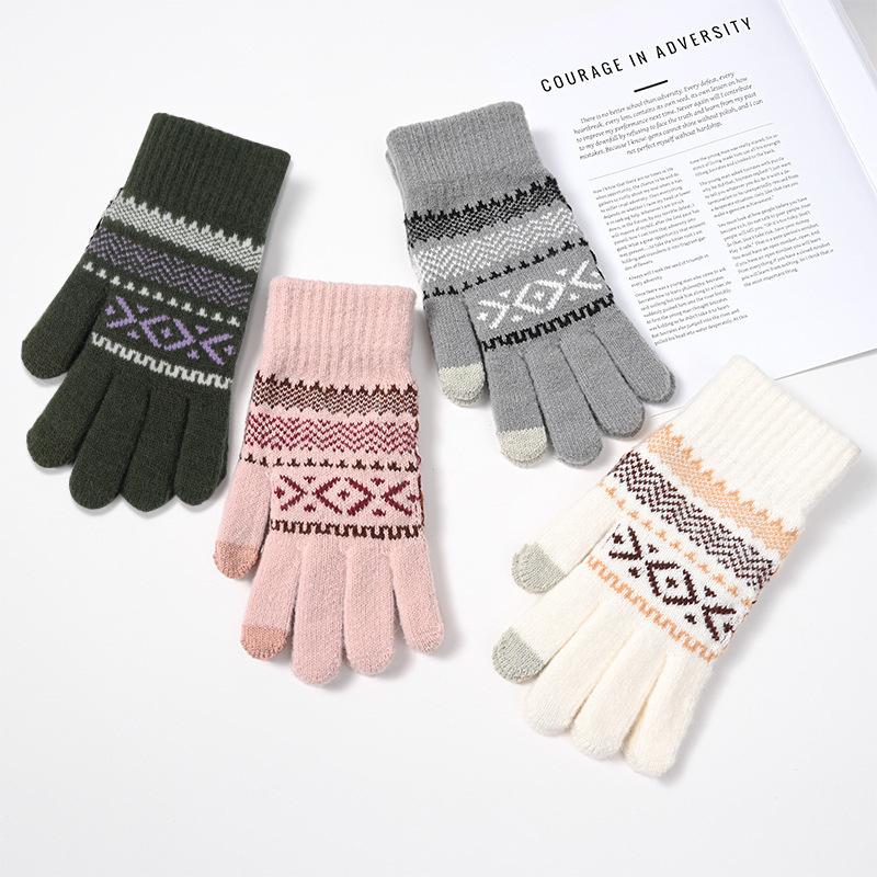 Winter Double layer Thickened Knitted Gloves Plus Velvet Men and Women Warm Gloves Cycling Contrasting Striped Windproof Touch Screen Gloves