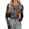 Women's Slim Fit Halloween Print Pullover Long Sleeve T Shirt Crew Neck Base Layer Top with Thumb Hole Cuffs