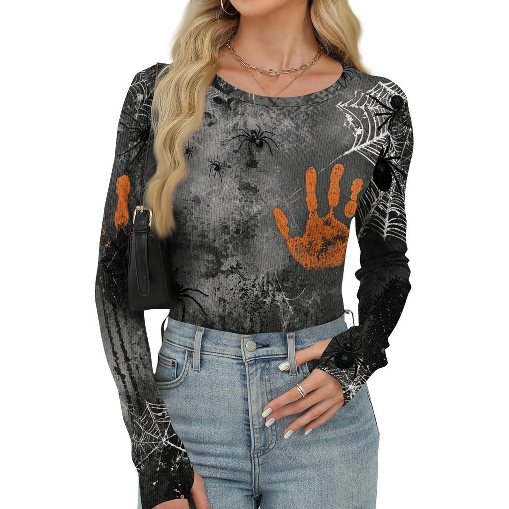 Women's Slim Fit Halloween Print Pullover Long Sleeve T Shirt Crew Neck Base Layer Top with Thumb Hole Cuffs