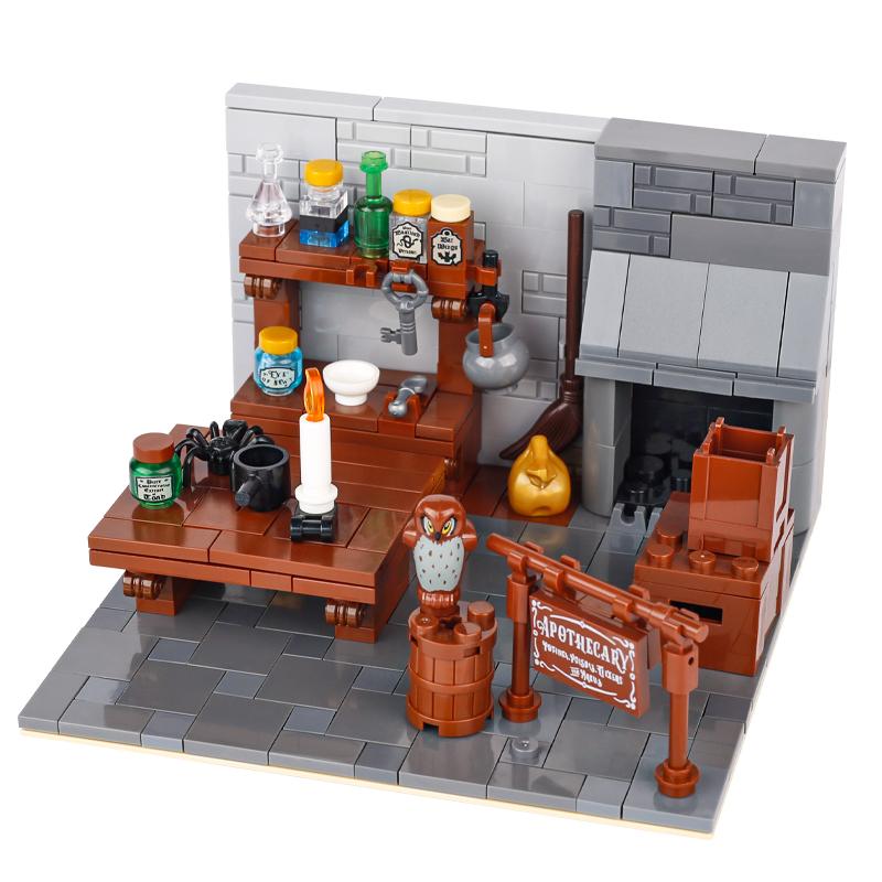 MOC Steine Mittelalter Alchemie Raum Küche Zauberer Trank Bausteine Teufelsquelle Schloss Straßenlaterne Hexen Figuren Szene Schädel