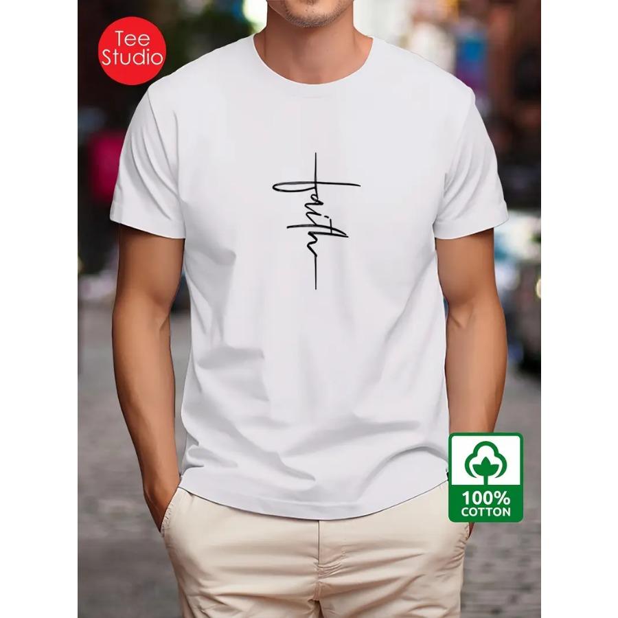 Men's 100% Cotton Faith Pattern Printed T-shirt, Casual Short Sleeved Round Neck T-shirt, Summer Outdoor Men's Clothing