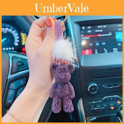 New Arrival Fur Full Diamond Violent Bear Car Keychain Crystal Rope Key Ring Bag Pendant Fashion Accessory
