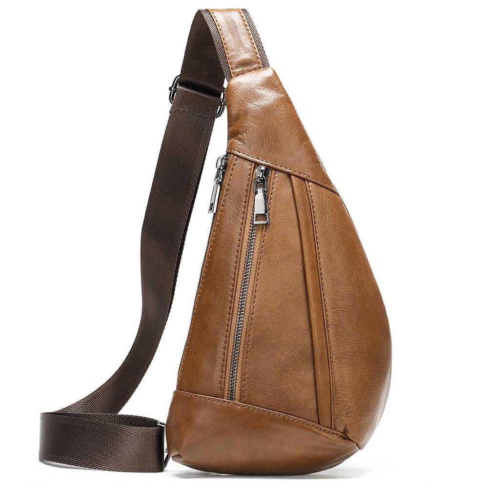 

Men s Genuine Leather Fashion Sport Shoulder Bag with Double Zipper Side Pouch коричневий