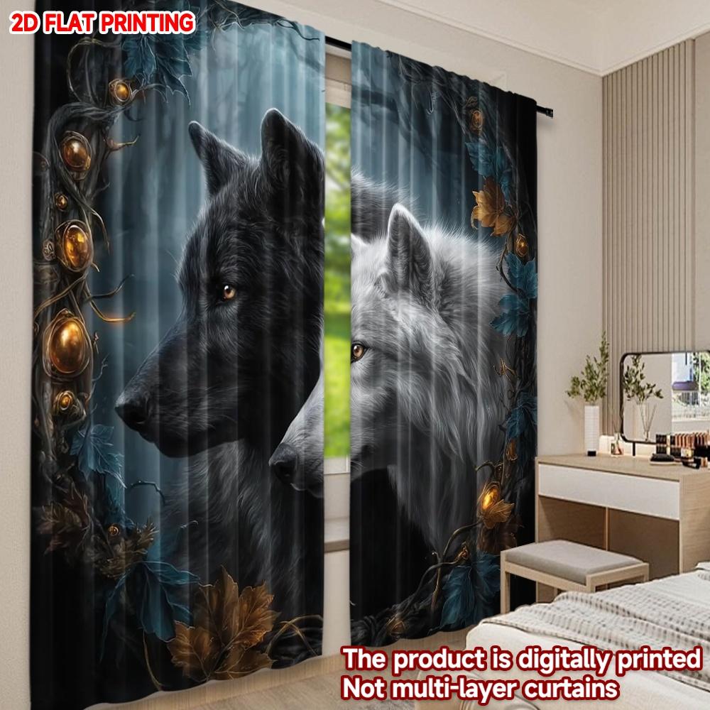 Set Of 2 Mystical Wolf Curtains Flat Digital Print Black White Vines Epic Animal Design Living Room Curtain Polyester Ideal For Area