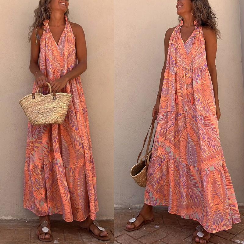 Loose Fit Printed Halter Neck Sleeveless V-Neck Maxi Dress With Flared Skirt Streetwear Casual Outfit