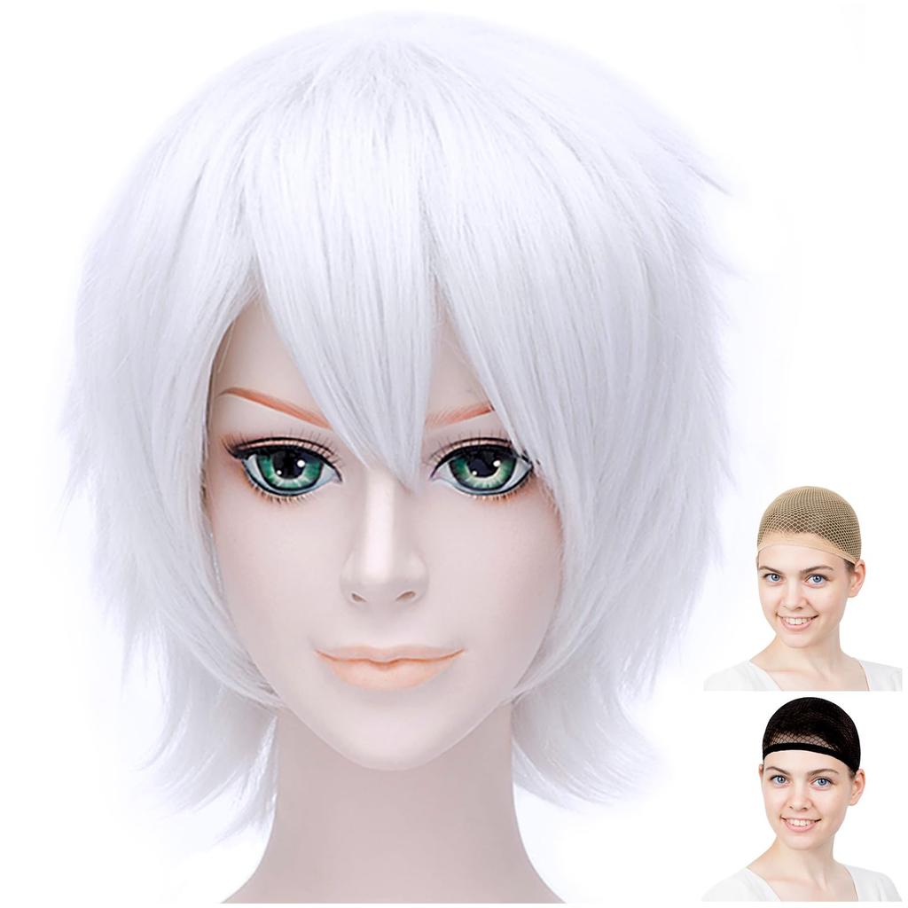 CaseEden Cosplay Wig, Short, 30cm, Heat-Resistant, Silver, White-Silver, Silvery-White, Includes 2 Wig Nets