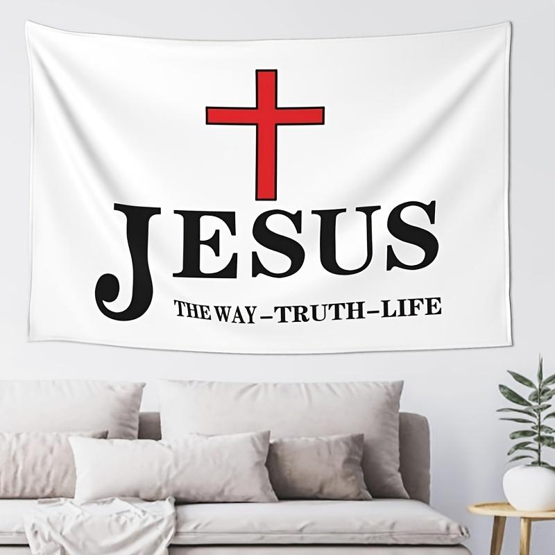 

Red Cross Jesus Quote Tapestry Single Sided 2D Print Bold Durable Wall Art Home Bedroom Faith Inspired Vibe Decor Christian Gift 74x94cm(29x37in)