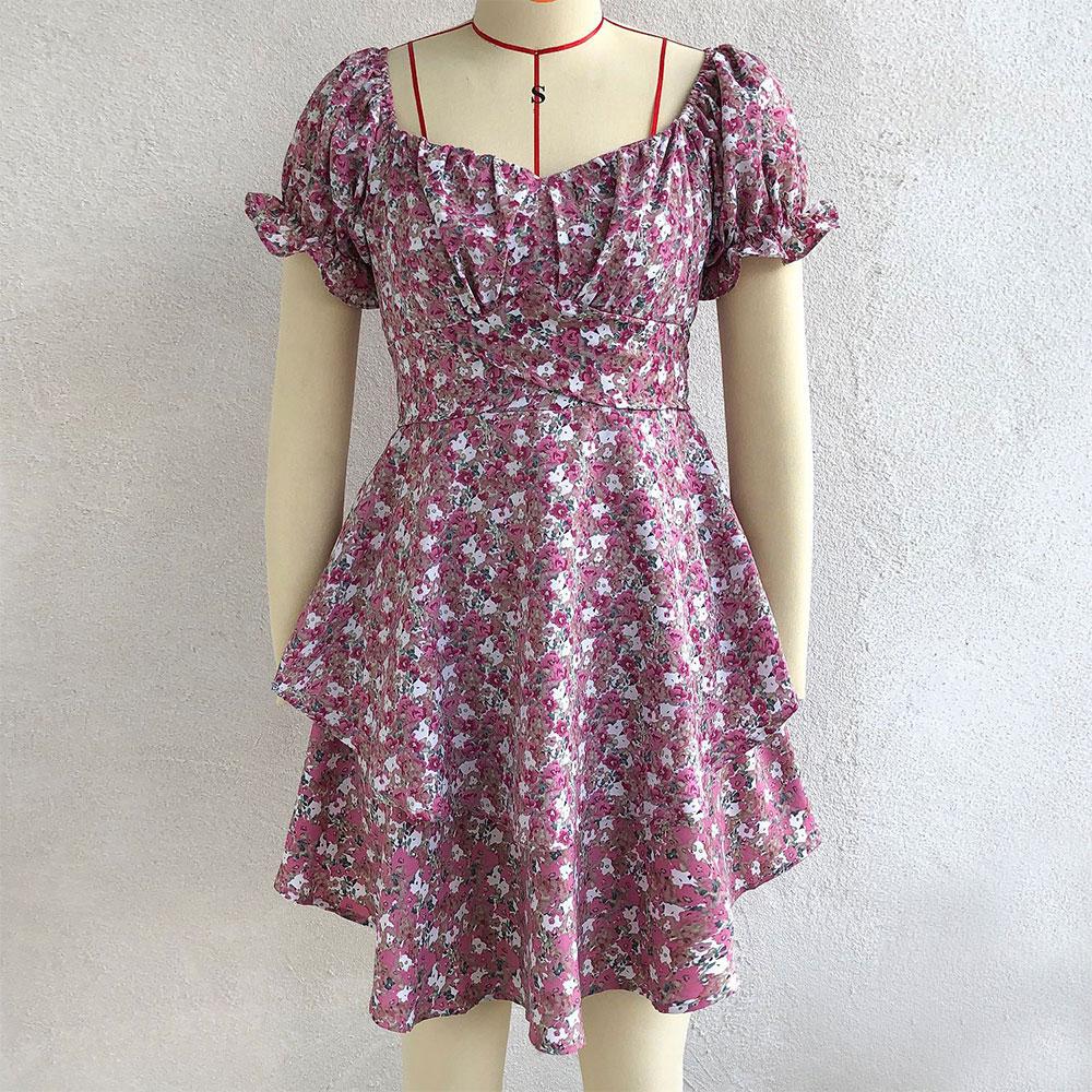 Aboe Knee Short Puff Sleeve Women Spring Summer Dress A-Line Slash Neck  High Waist Slim Cascading Ruffle Floral Print S-XL