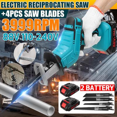 3999RPM Blue Cordless Reciprocating Saw 88V Electric Saw with 4 Blades Chain Saws Cutting Power Tool