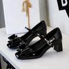 French Banquet Bow Patent Leather Thick Heel Mary Jane Women's Shoes Square Toe Strap Light Mouth Single Shoes For Women New