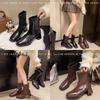 Version coréenne bottines courtes à talons épais et bout carré bottes pour femmes automne et hiver bottes Chelsea bottes rétro françaises en cuir marron bottines fines