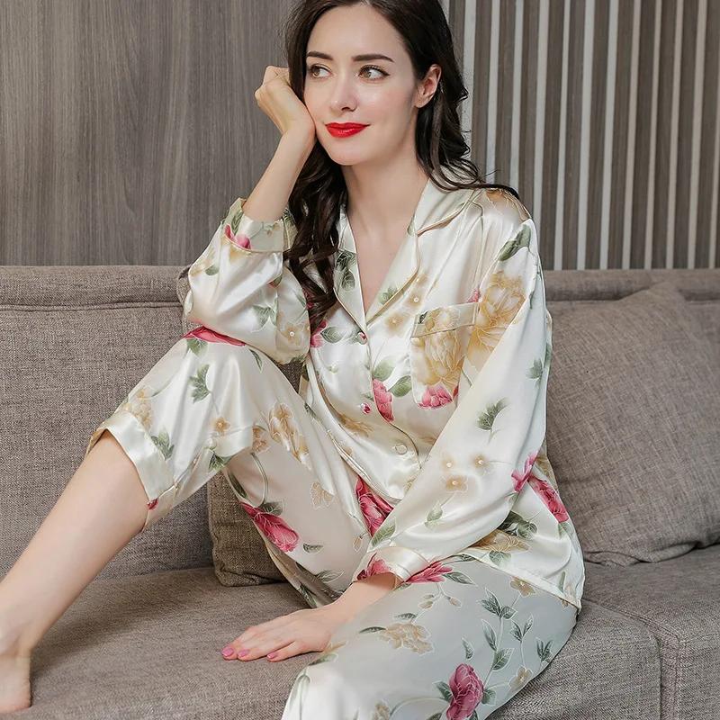 Silk Women's Pajamas Set 100% Mulberry Silk Spring and Autumn Long-sleeved Silk Women's Home Wear Pajamas