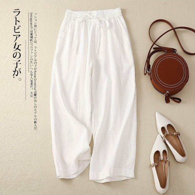 Cotton and Linen Wide-leg Pants Women Summer Retro Elastic Waist Ankle-Length Pants Lace-up Solid Versatile Loose Casual Pants
