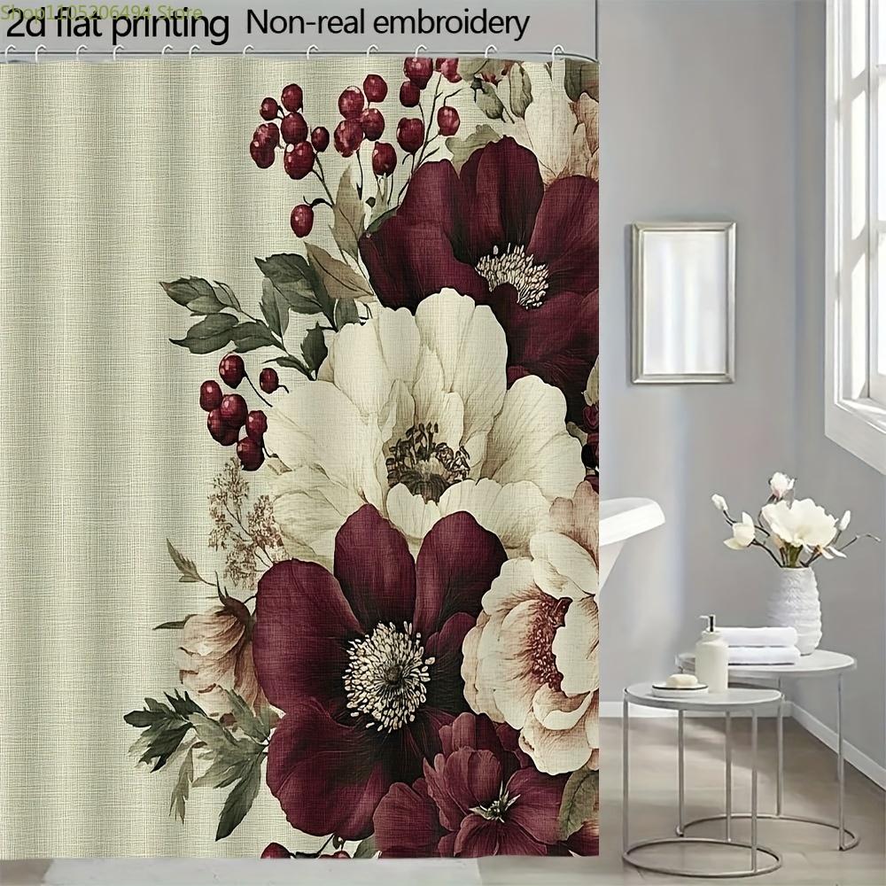 1 pièce Rideau de douche floral 71x71 pouces - Grandes fleurs bordeaux et crème avec feuilles vertes, Polyester lavable en machine, Élégant B
